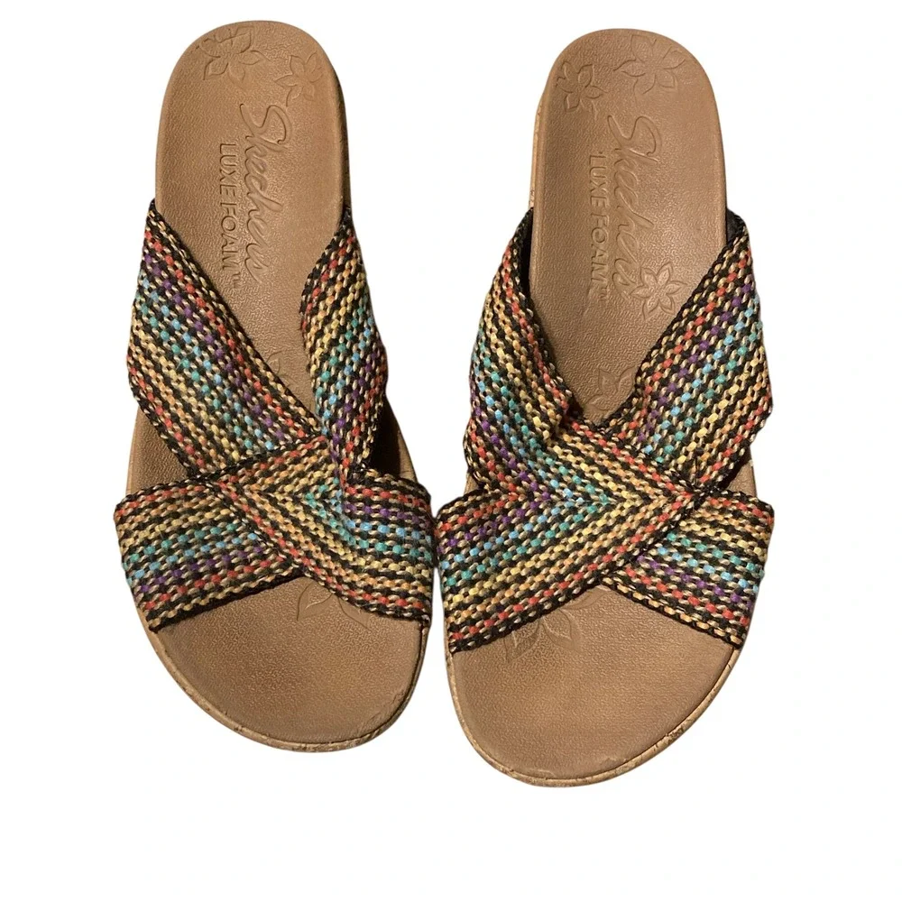 Skechers Luxe Foam‎ Multi Color Woven Wedge Sandals Womens 6 SN 38554 MLT Boho